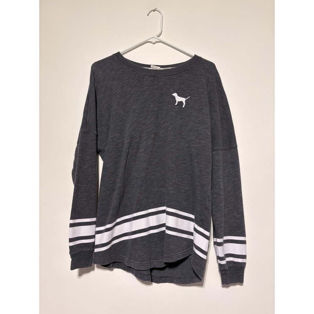 Victoria's Secret Pink Sweater Womens Medium Gray White Stripe Pullover Dog Logo